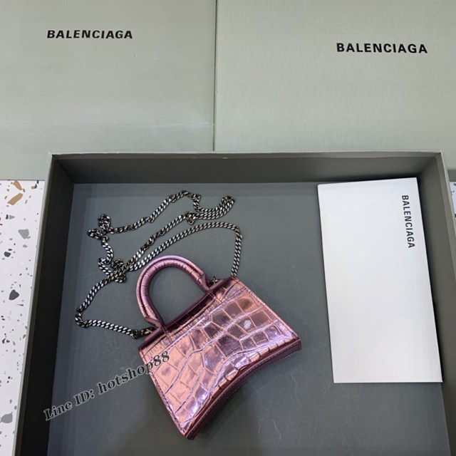 Balenciaga專櫃爆款手提女包 巴黎世家鱷魚紋星空粉mini Hourglass沙漏包 fyj1002